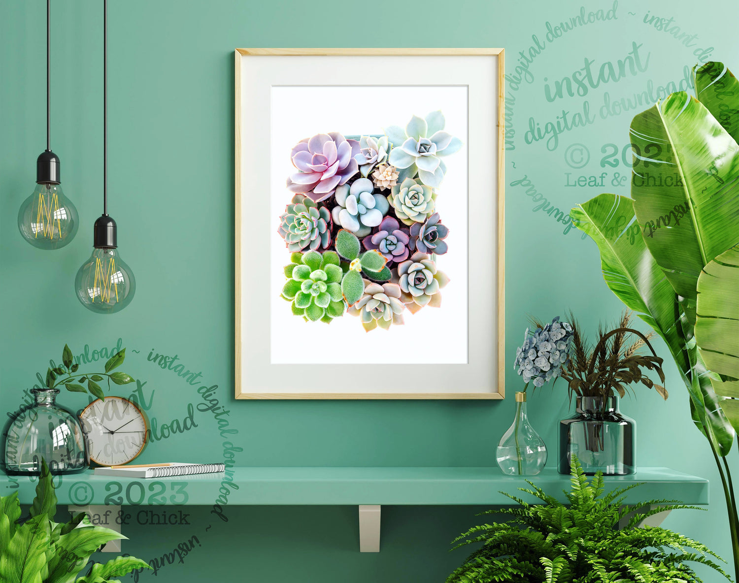 Mockup of Digital Succulent Art by Leaf & Chick shown printed and framed