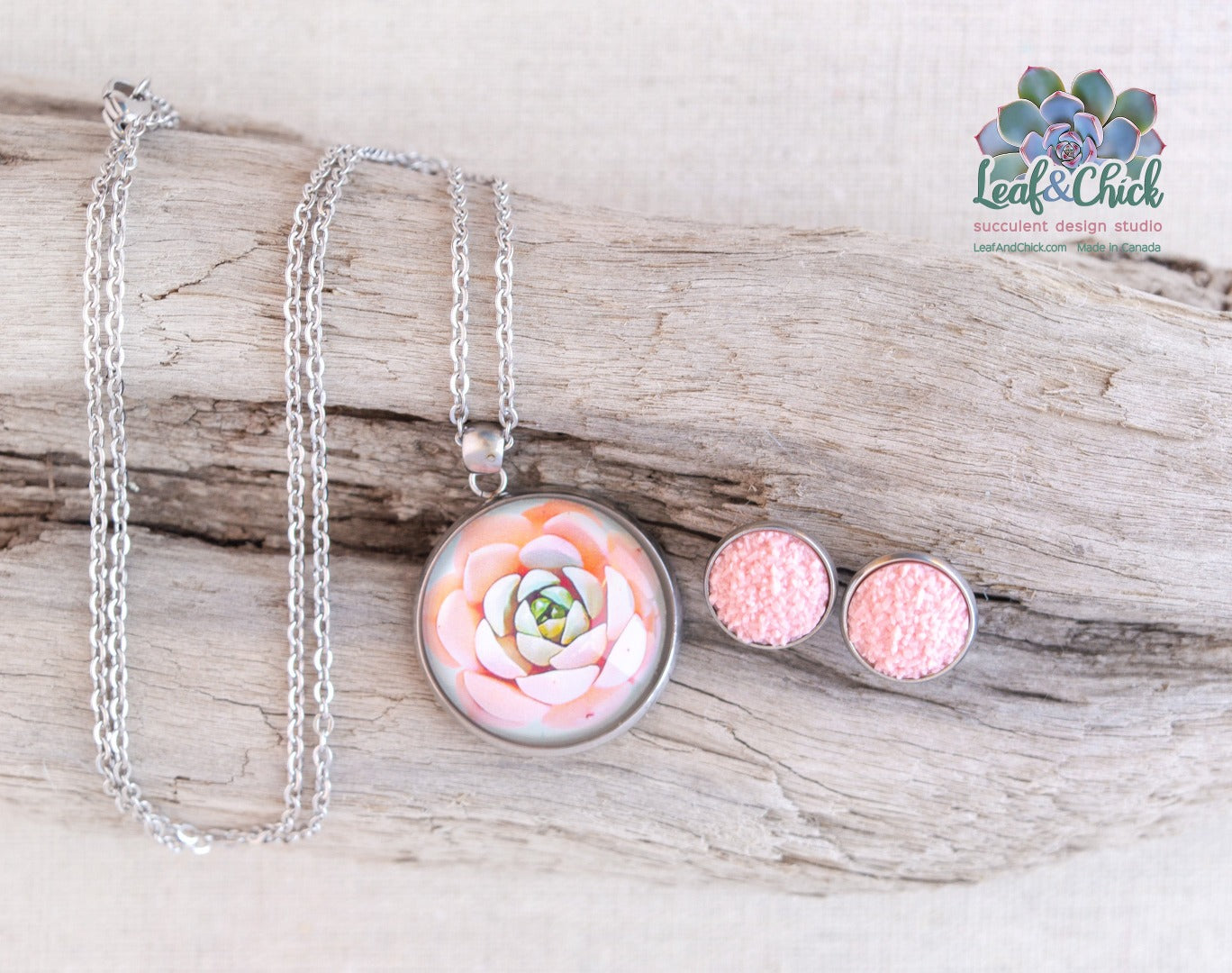 stainless steel necklace and earring gift set in soft pinks