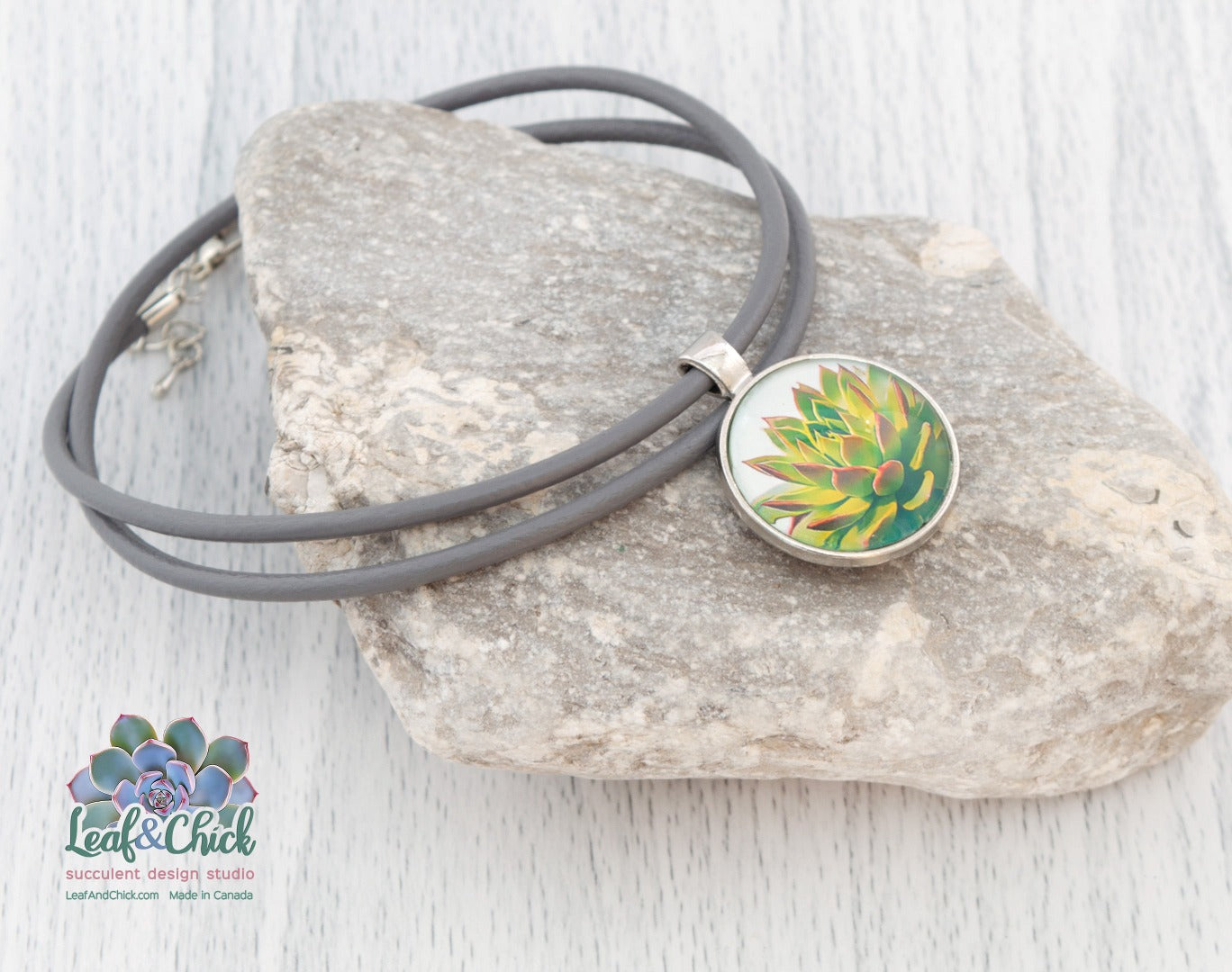 Echeveria agavoides art on a grey leather cord