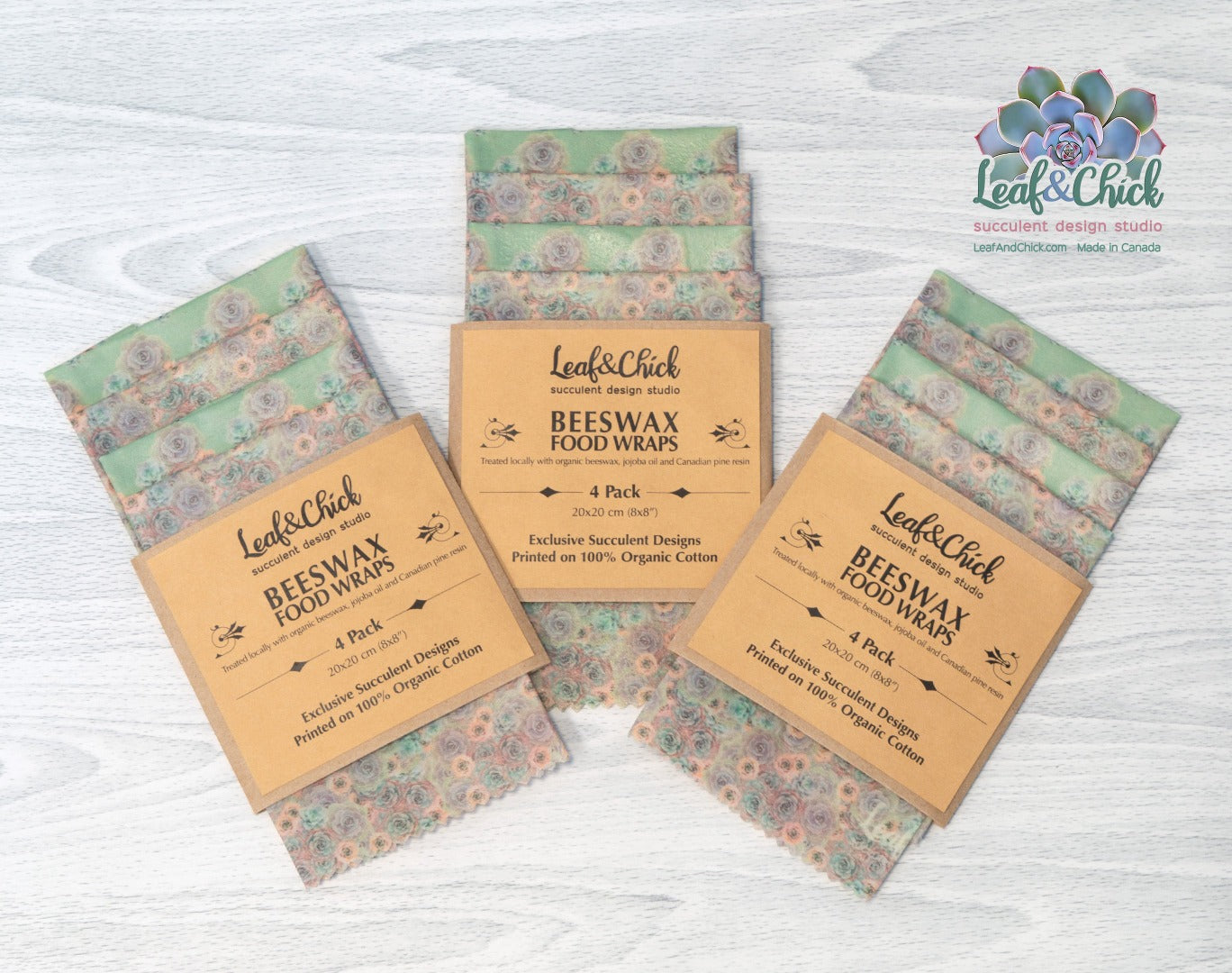 an example of three packs of 8x8" beeswax wraps