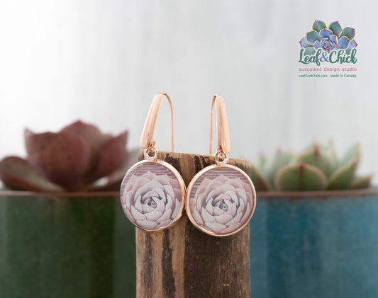 rose gold earrings with pink stylized succulent art