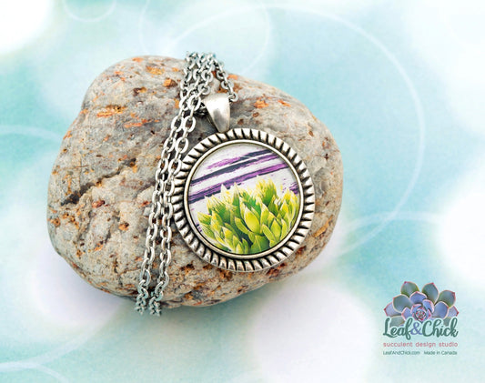 Original succulent art pendant on a stainless steel chain