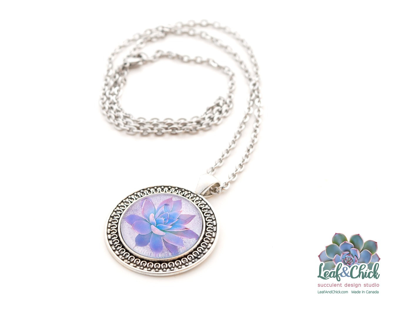 Echeveria art necklace on long stainless steel chain