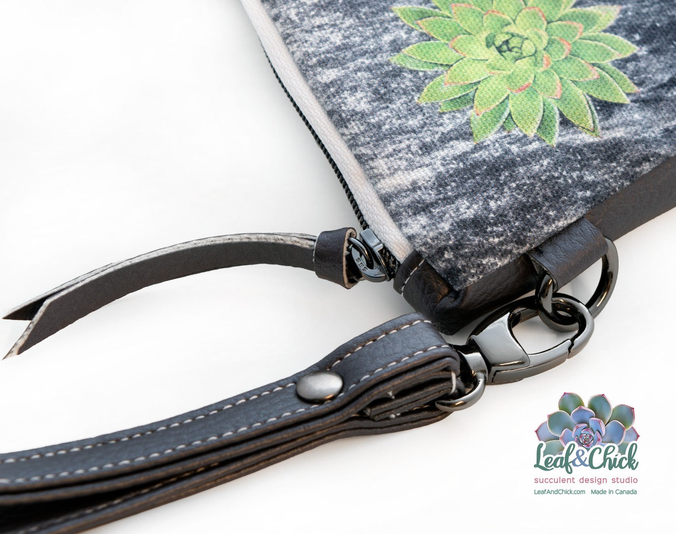 close up of vegan leather wristlet bag