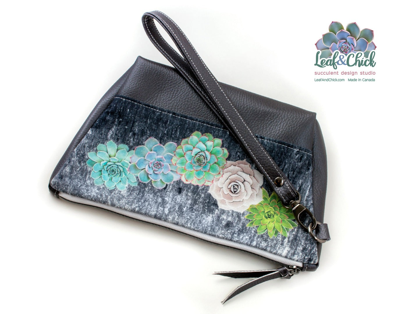 black vegan leather wristlet clutch with exclusive Leaf & Chick design