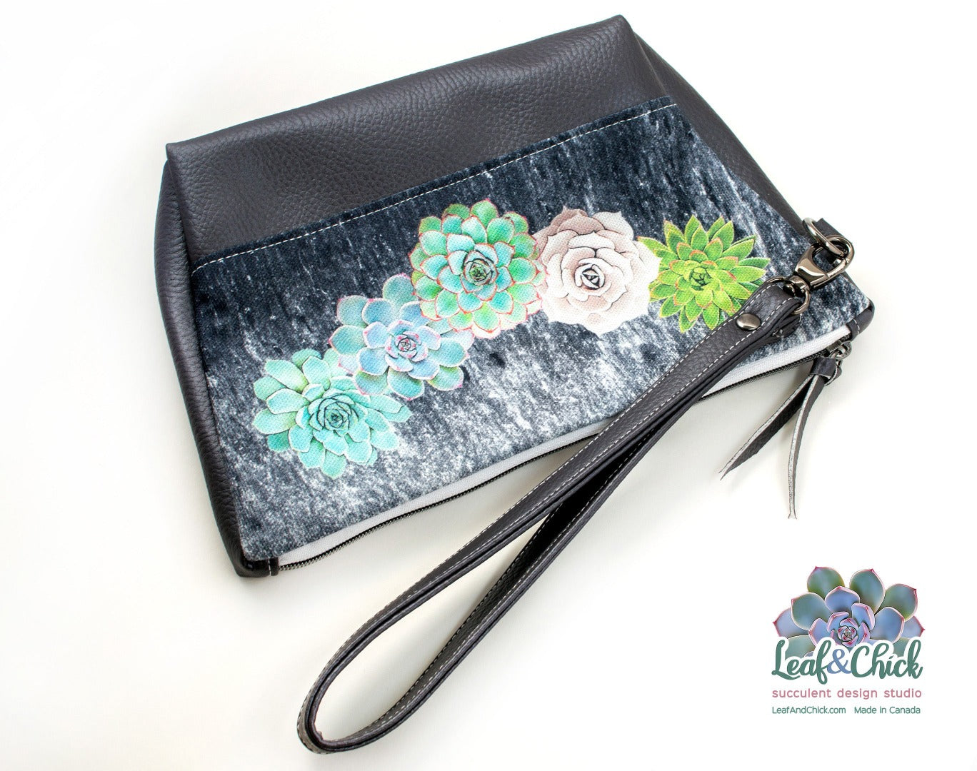 succulent art wristlet vegan leather bag