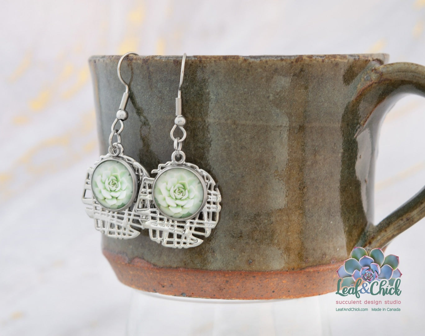 silver stainless steel succulent art earrings