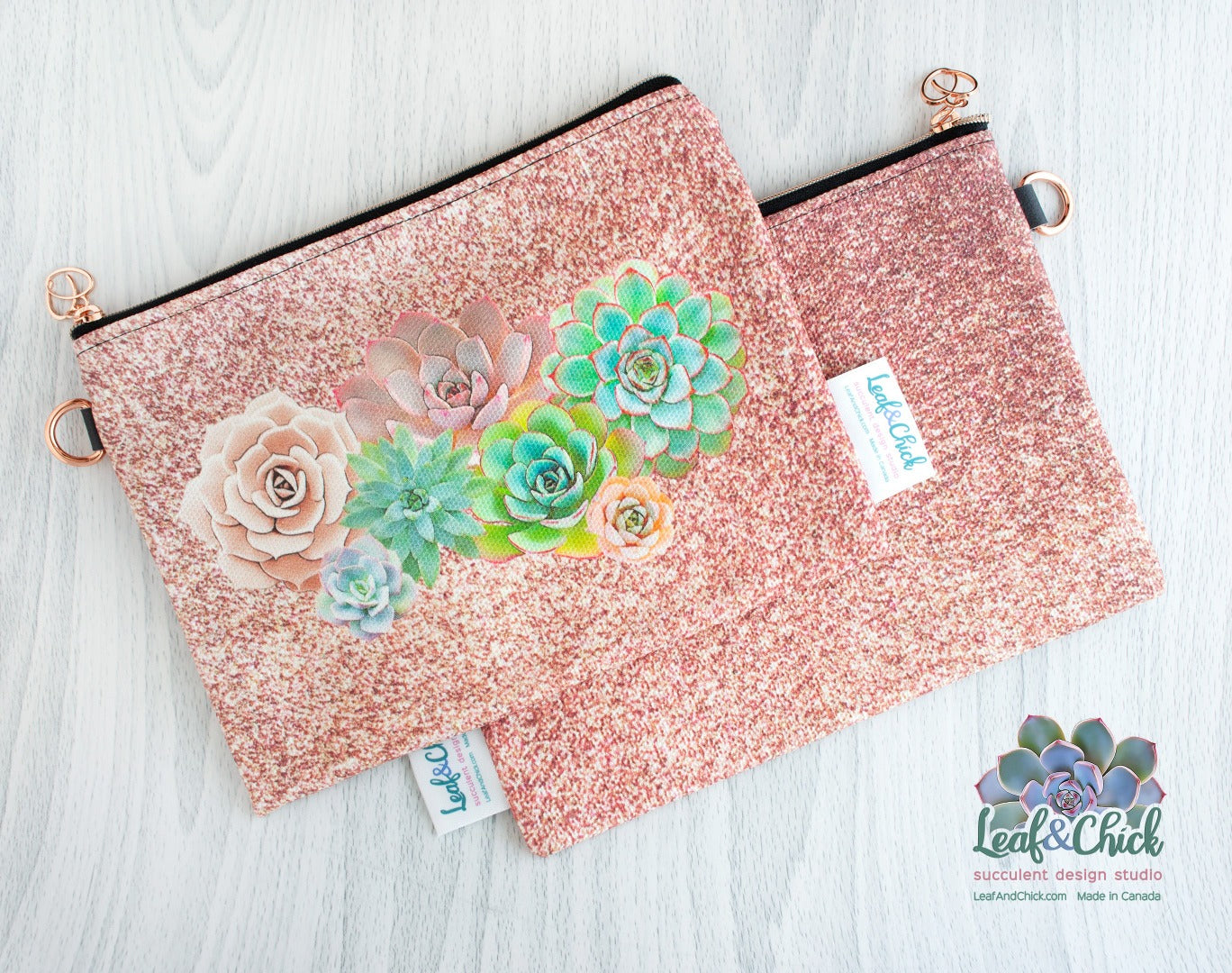pink glitter sparkle succulent art zippered pouch
