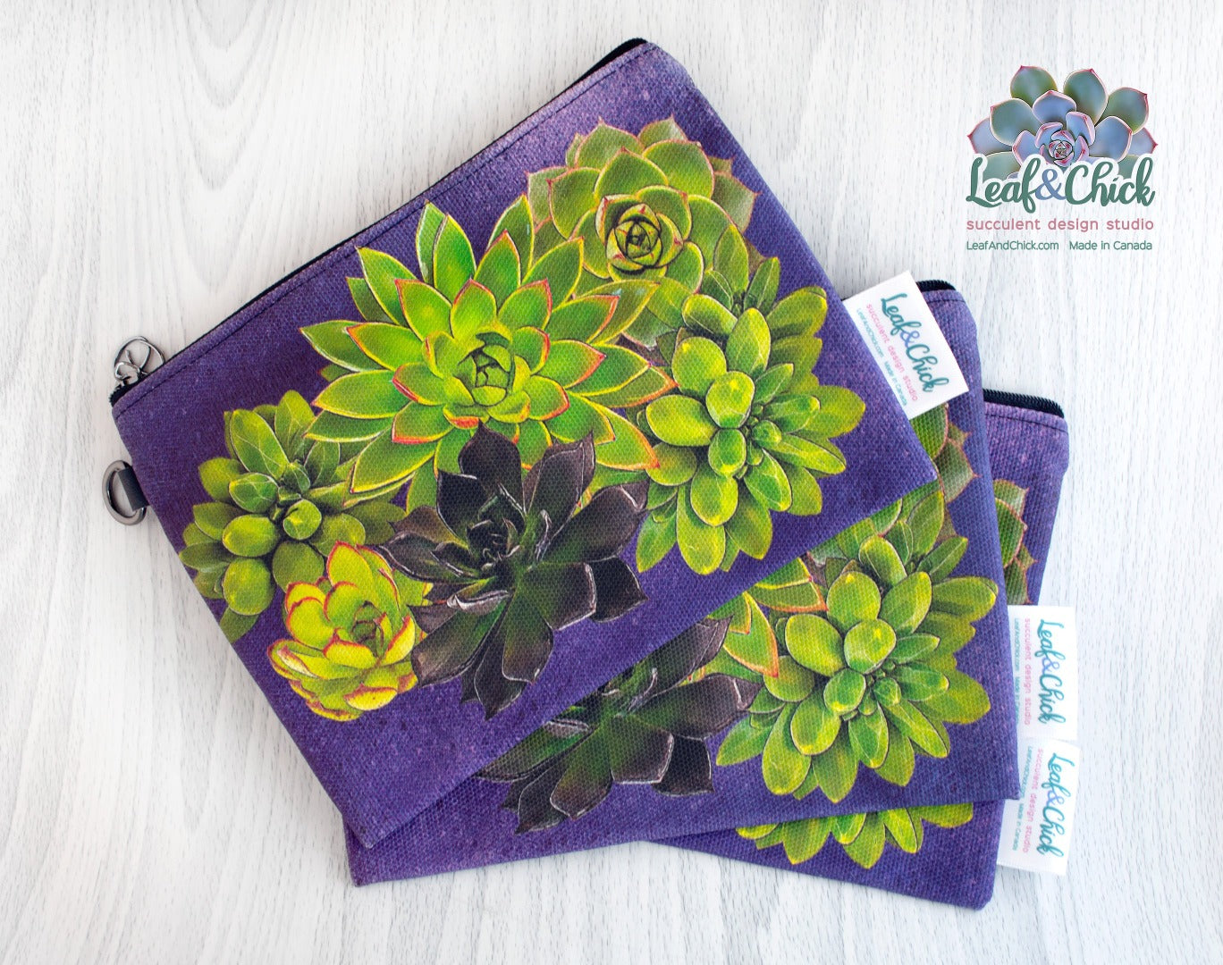 purple zipper pouch with exclusive succulent designs
