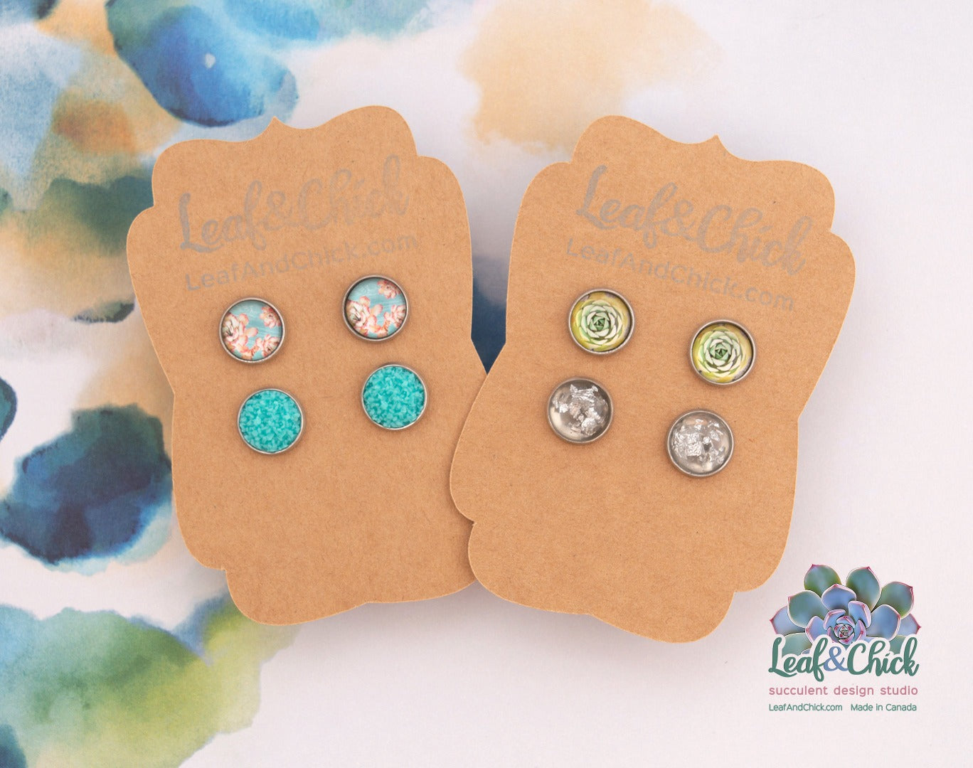 tiny stud earrings featuring succulent art