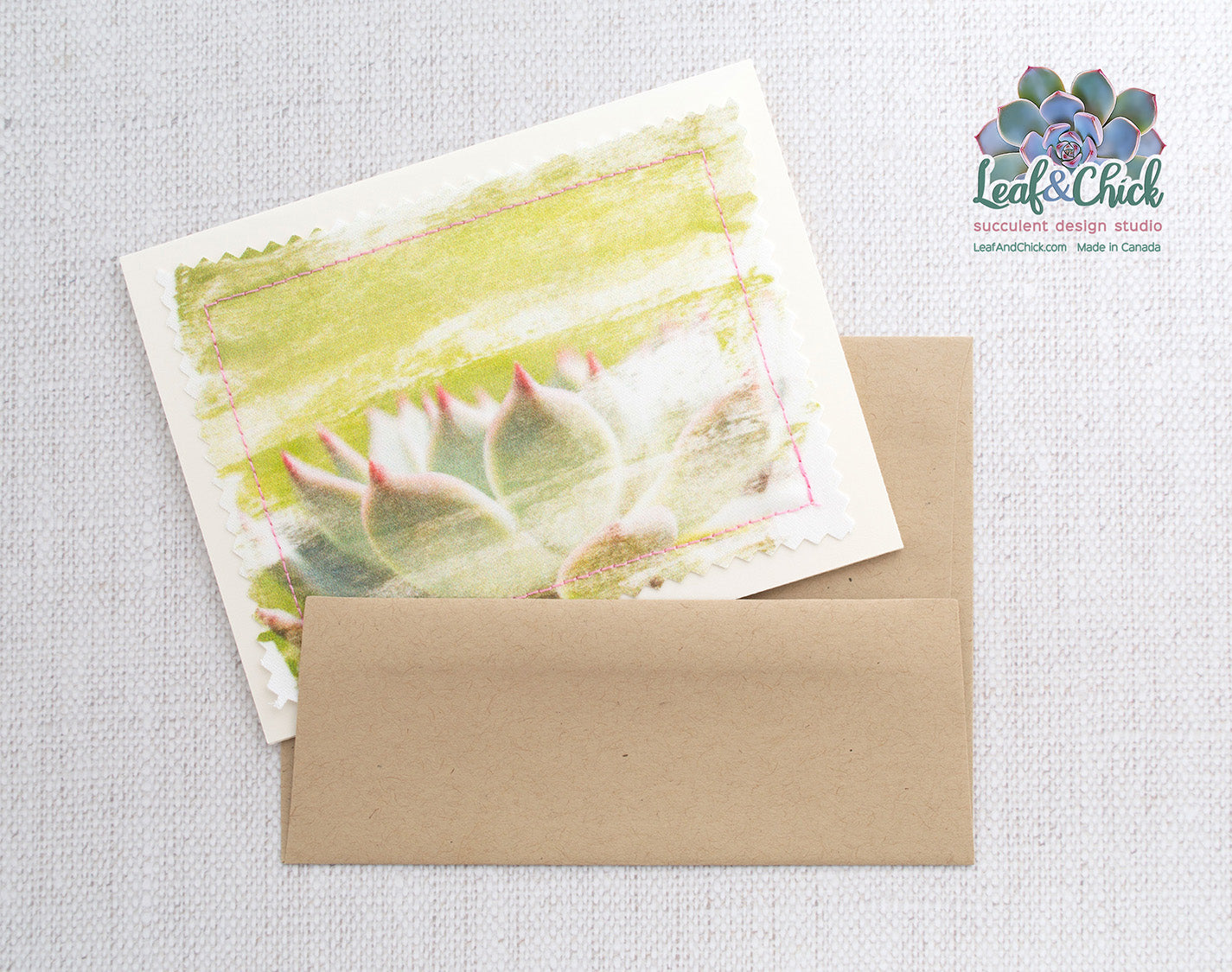 light green succulent art sewn onto a greeting card