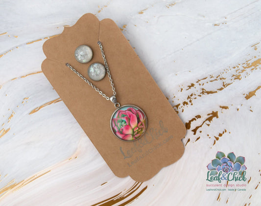 Pink succulent art necklace carded with earrings