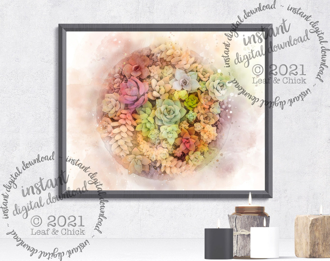 whimsical succulent art in a soft watercolour mocked up in a frame