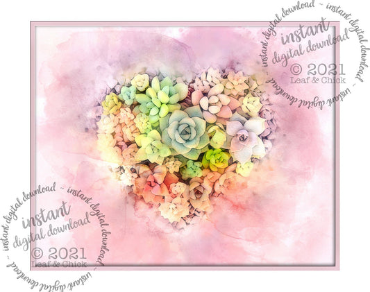 succulent art in a heart shape in a watercolour style