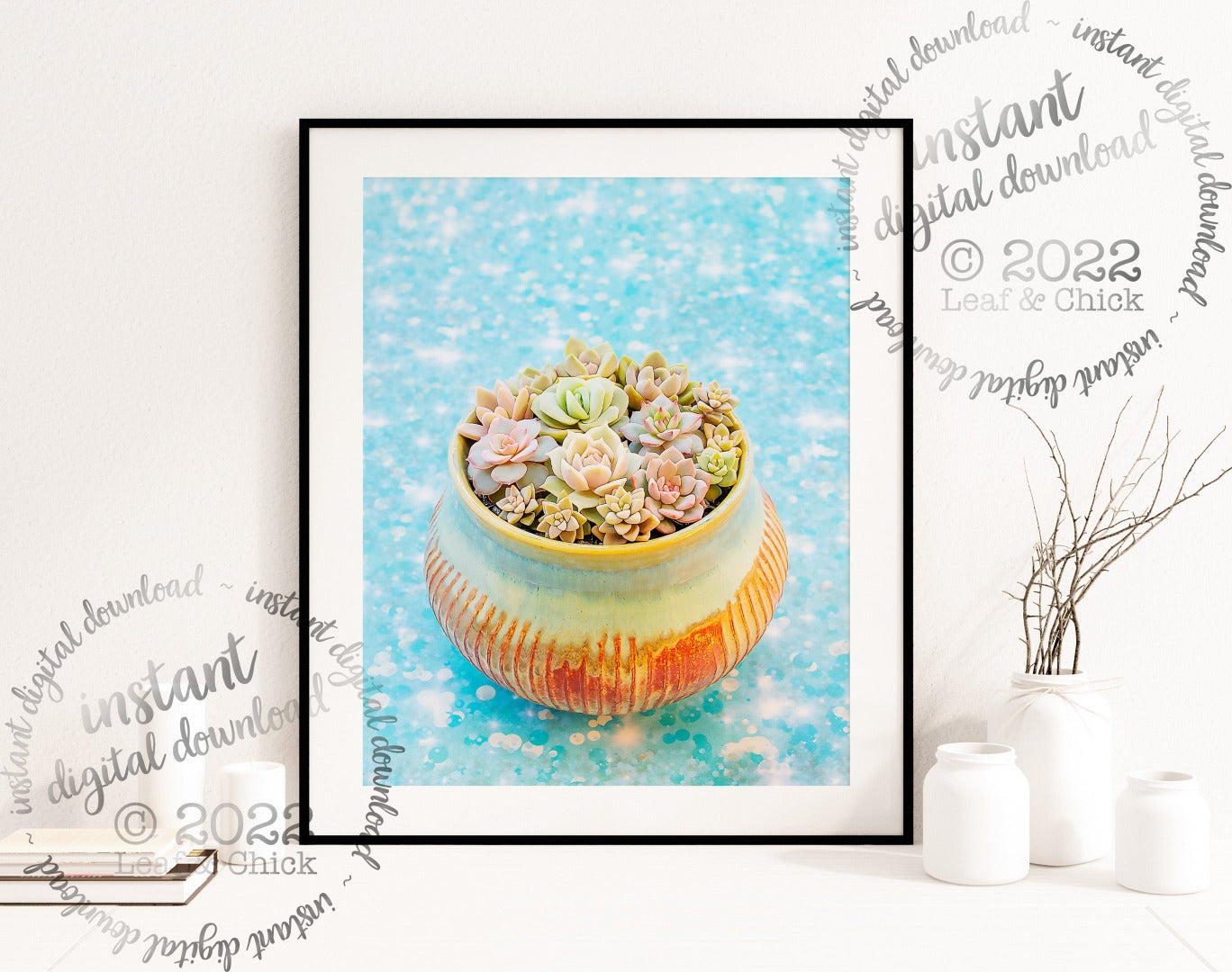 bright blue background with succulent art bowl