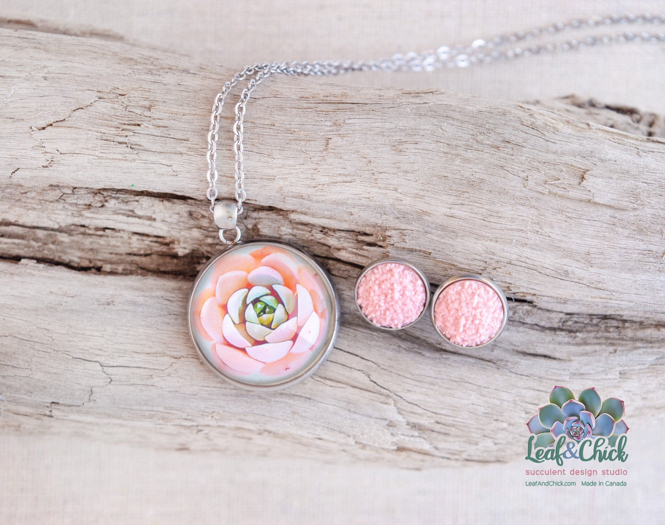 pink studs with a coordinating succulent necklace
