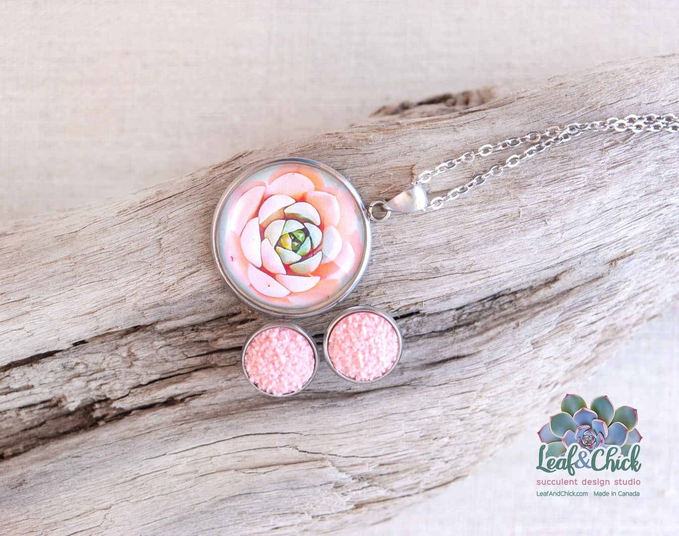 pink succulent art necklace with matching stud earrings