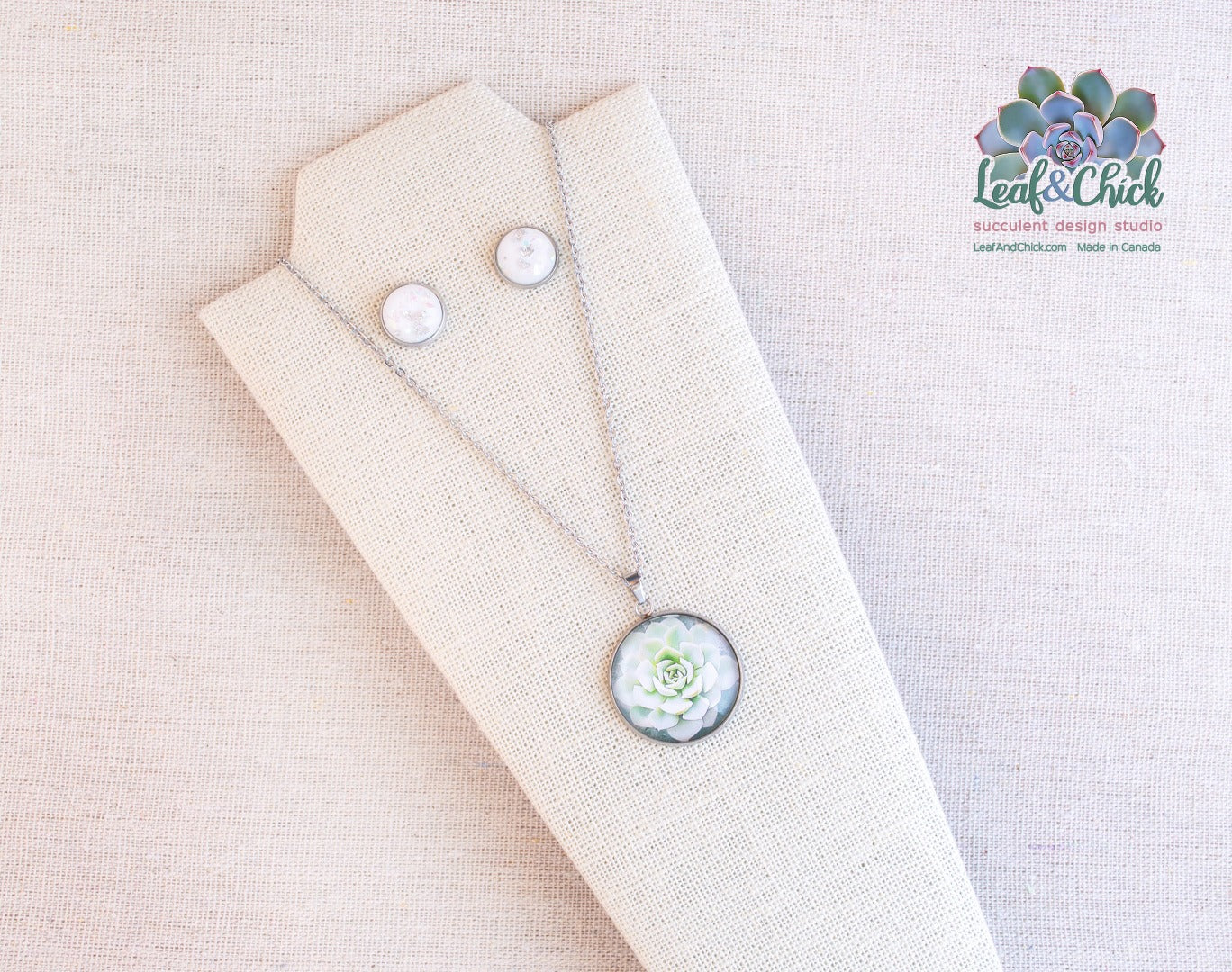 echeveria art necklace with white chunky glitter studs from Leaf & Chick