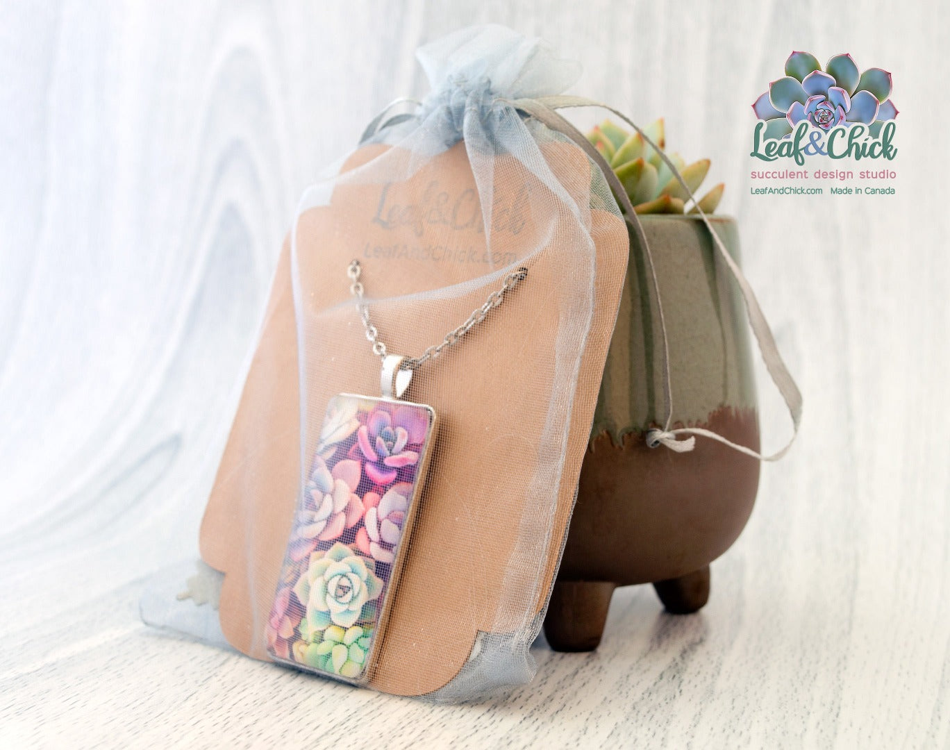 succulent art necklace carded and in an organza bag