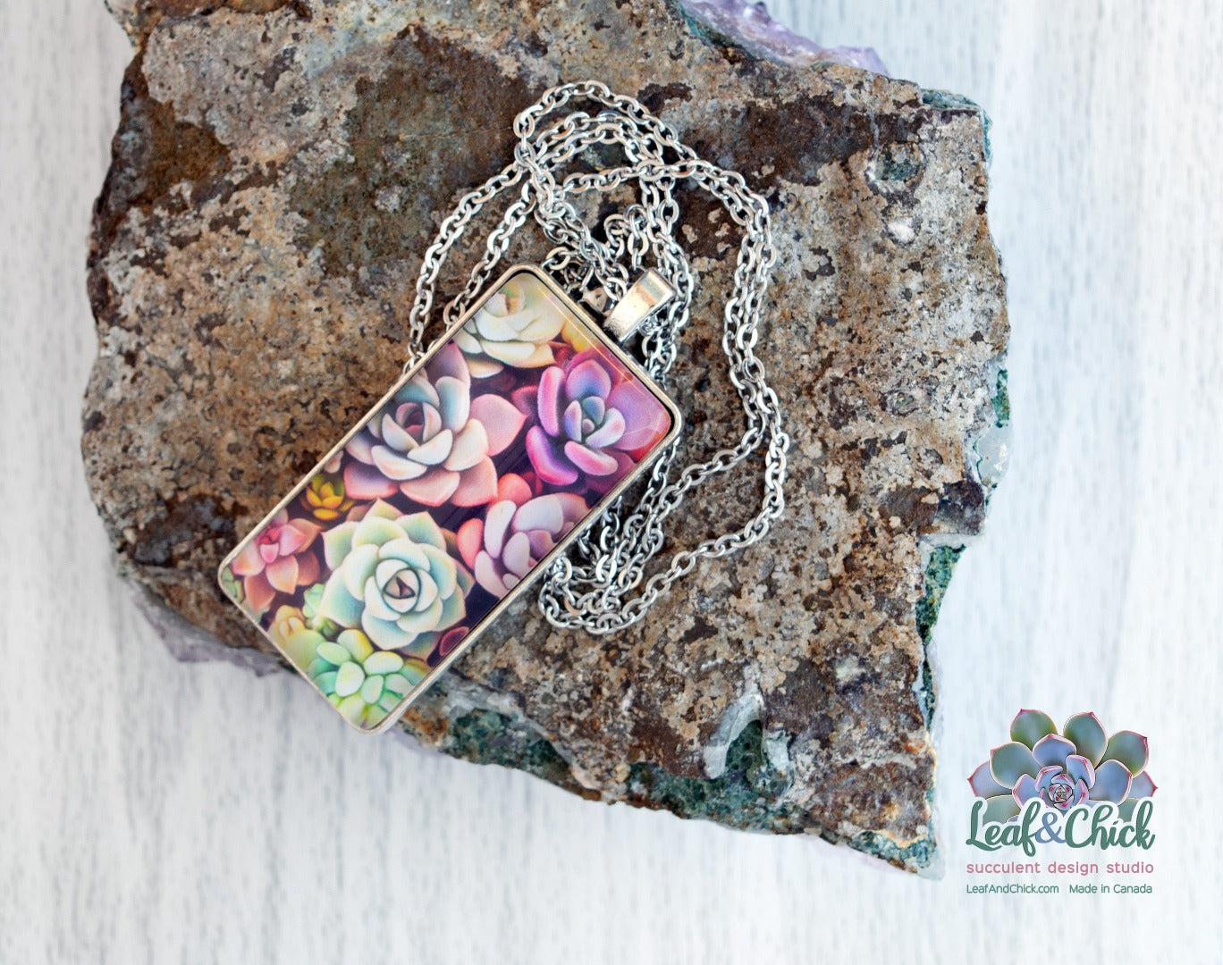 succulent pendant on a stainless steel chain