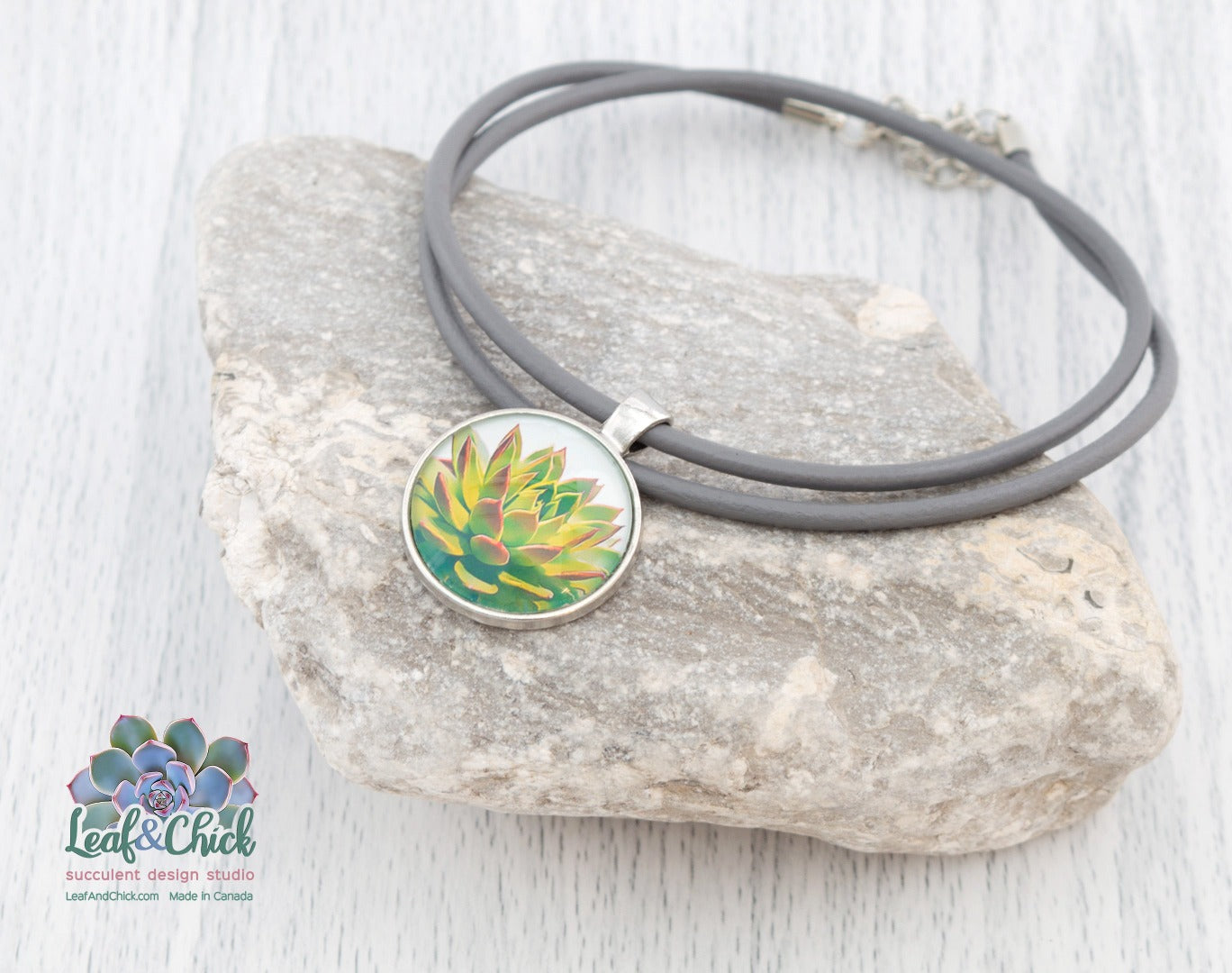 grey leather cord necklace with succulent art