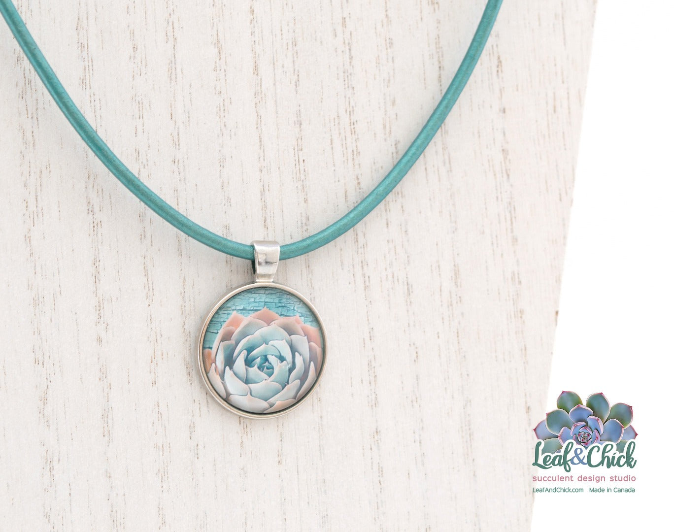 Teal Leather Echeveria Necklace