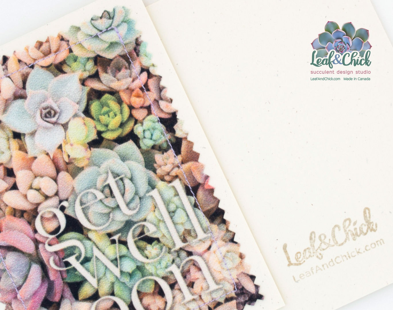 succulent greeting card sewn onto a recycled speckletone paper