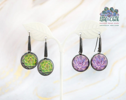 black stainless steel drop earrings with succulent art