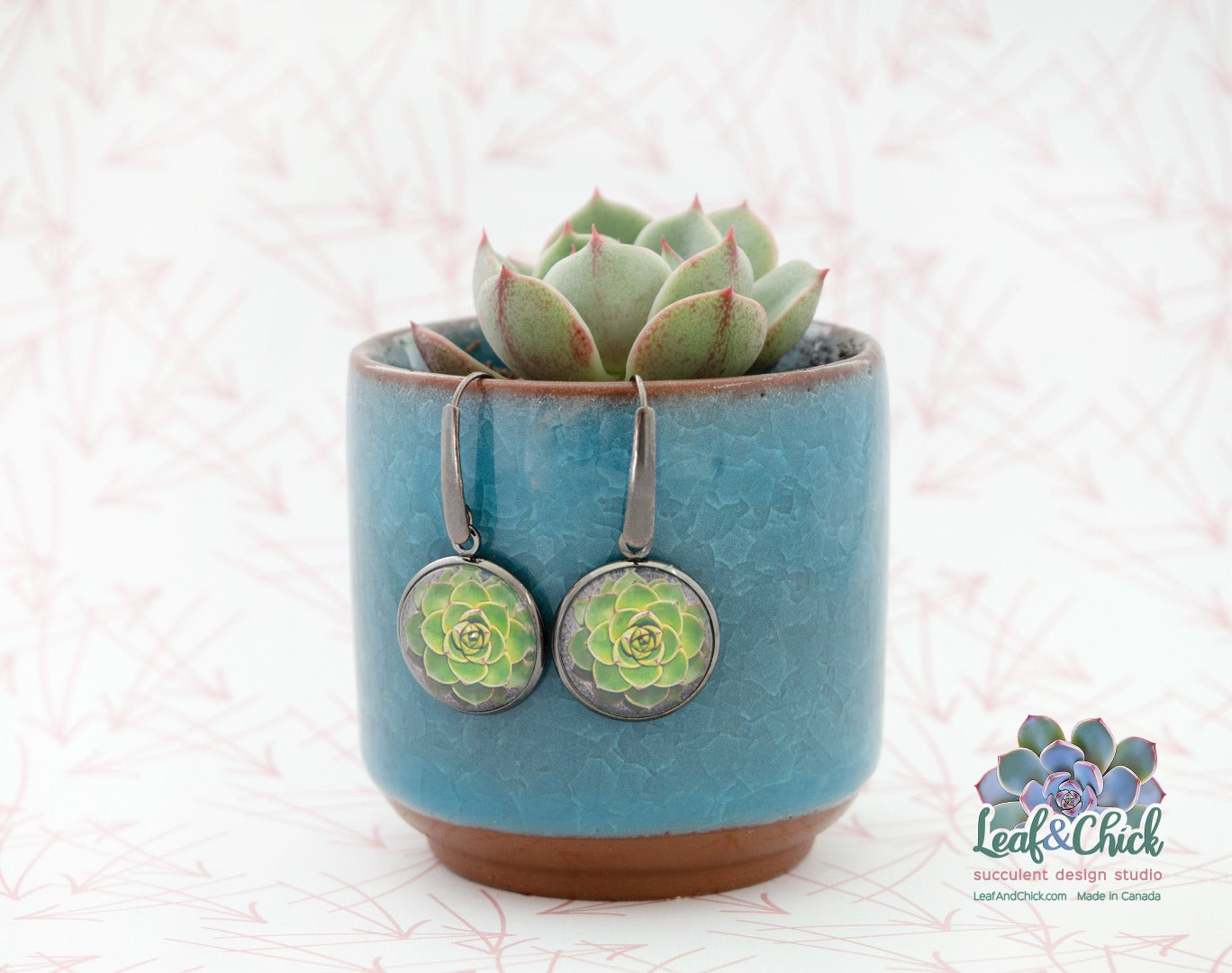 gunmetal steel drop earrings with green succulent art