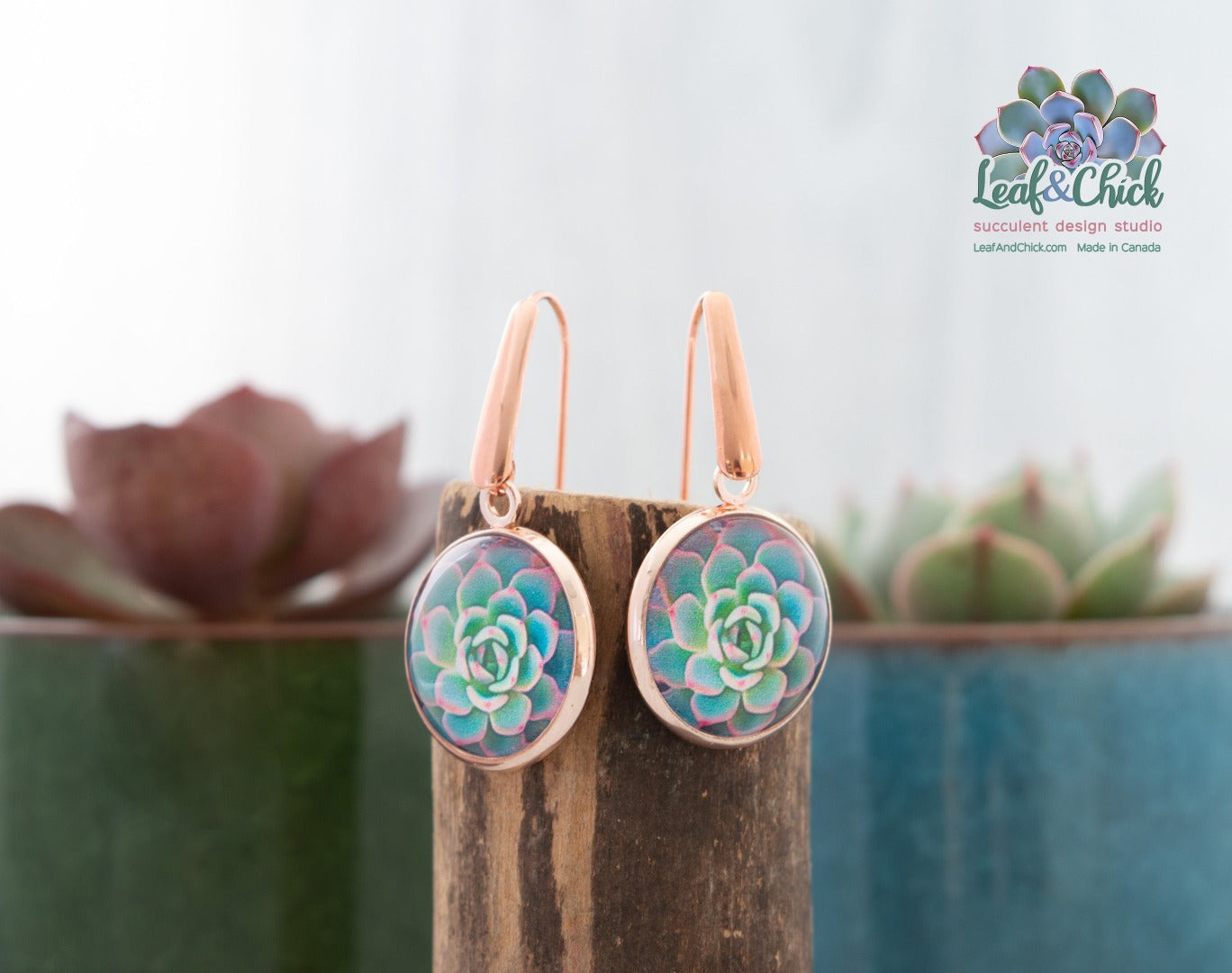 rose gold succulent earrings with stylized green/ blue echeveria art