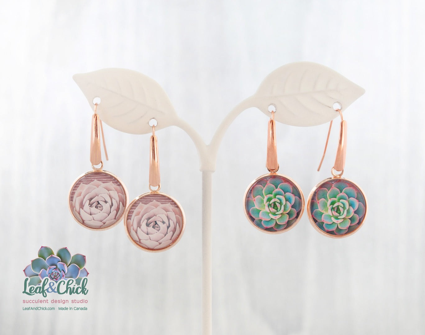 rose gold succulent art earrings with stainless steel flat front hooks