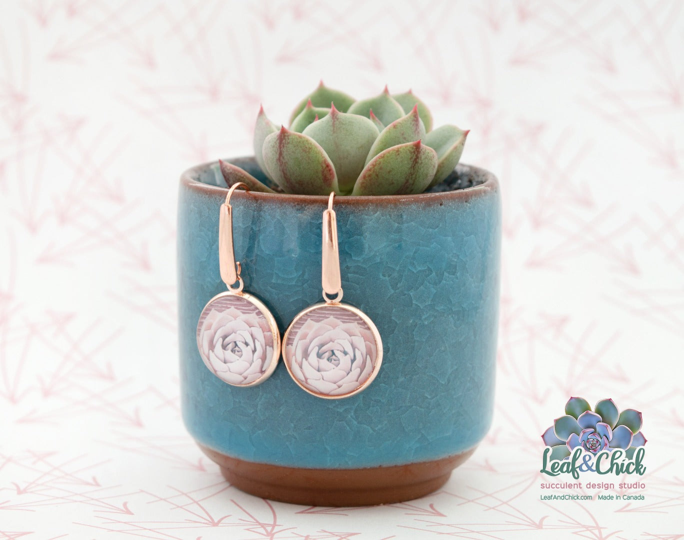 dangle hook earrings with pink art hanging off the side of a potted succulent