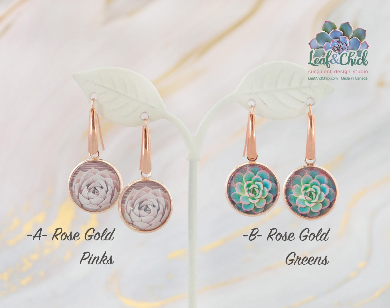 both styles of rose gold dangle earrings labelled with A-pinks, B- greens