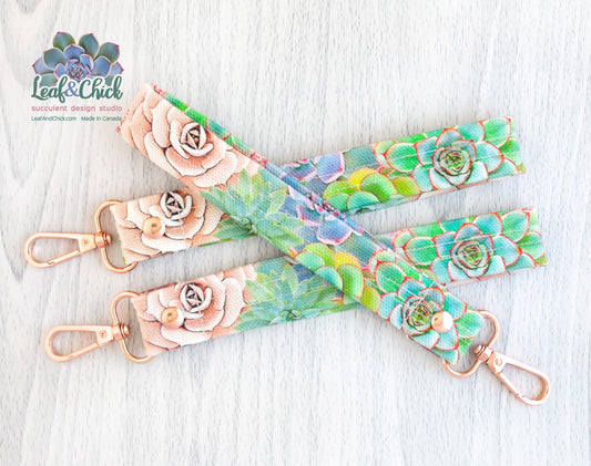 pink glitter succulent art key fob wristlet
