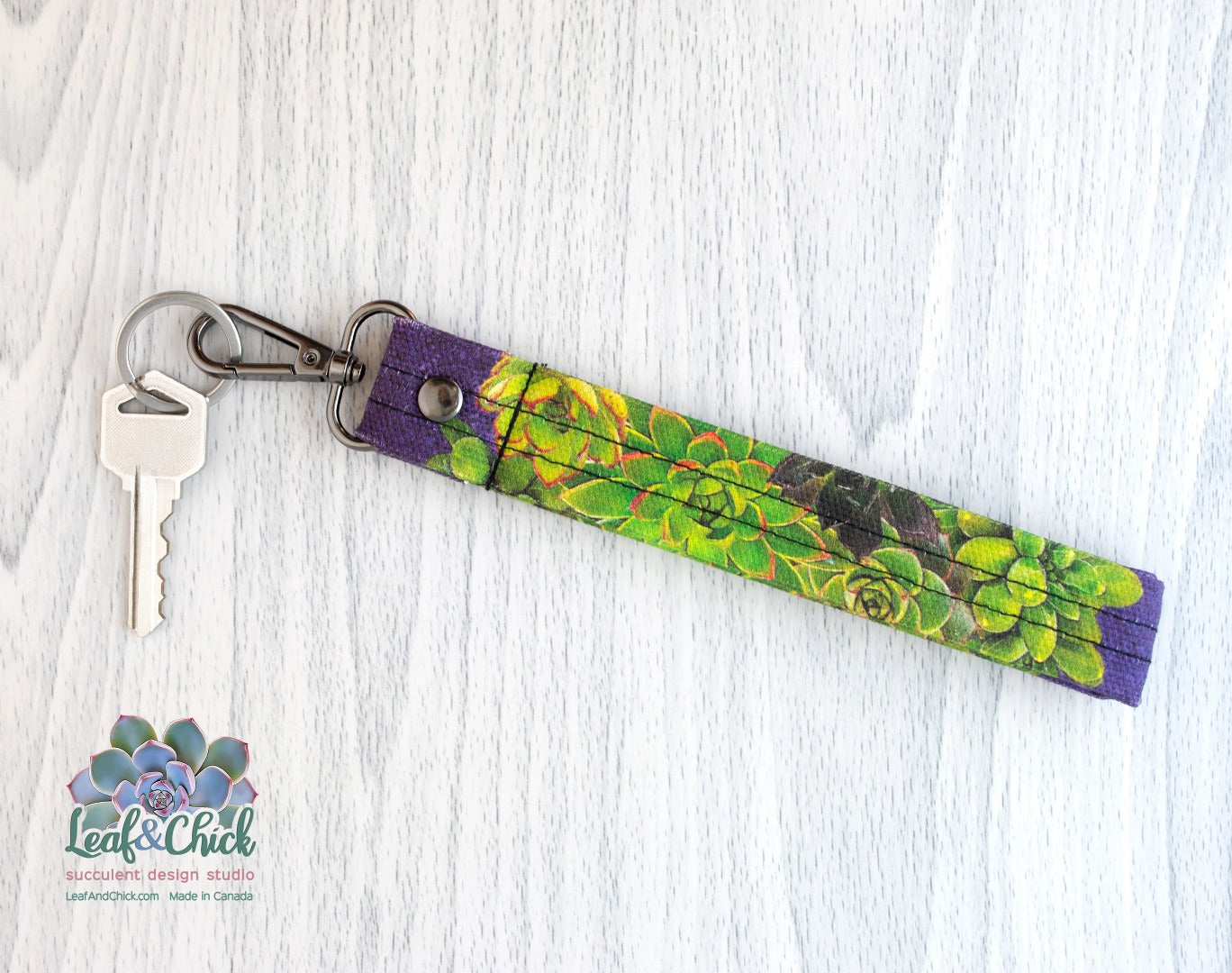 purple and green succulent key fob wristlets are handy to keep your keys and access cards together