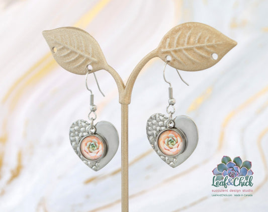 hammered heart drop earrings with succulent art