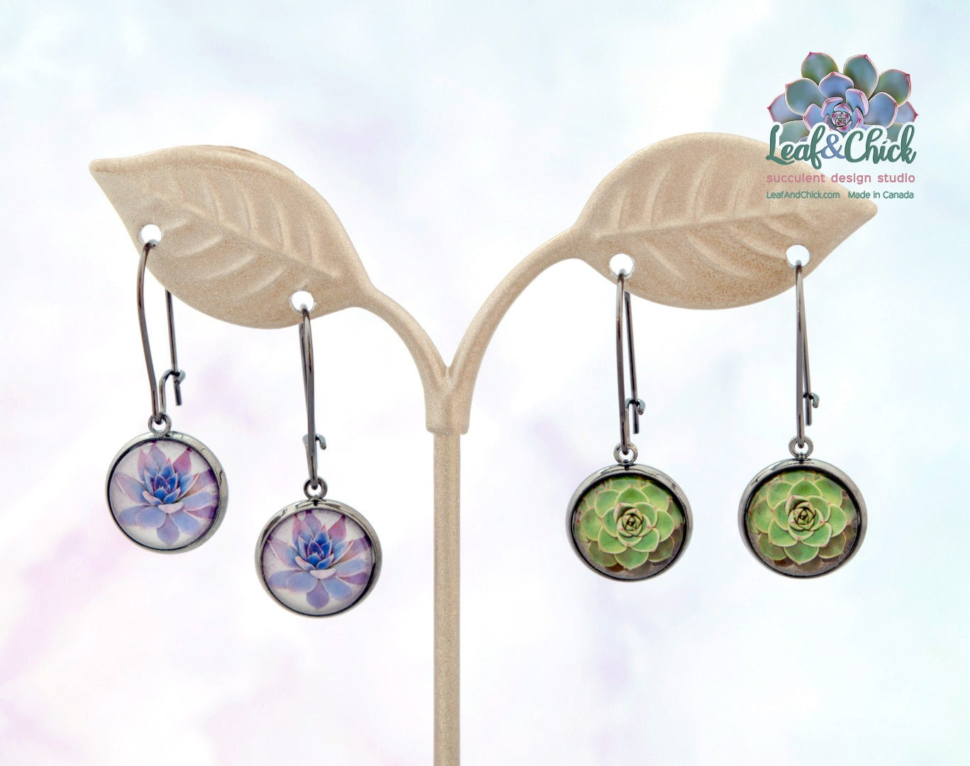 petitie kidney hoop earrings with succulent art