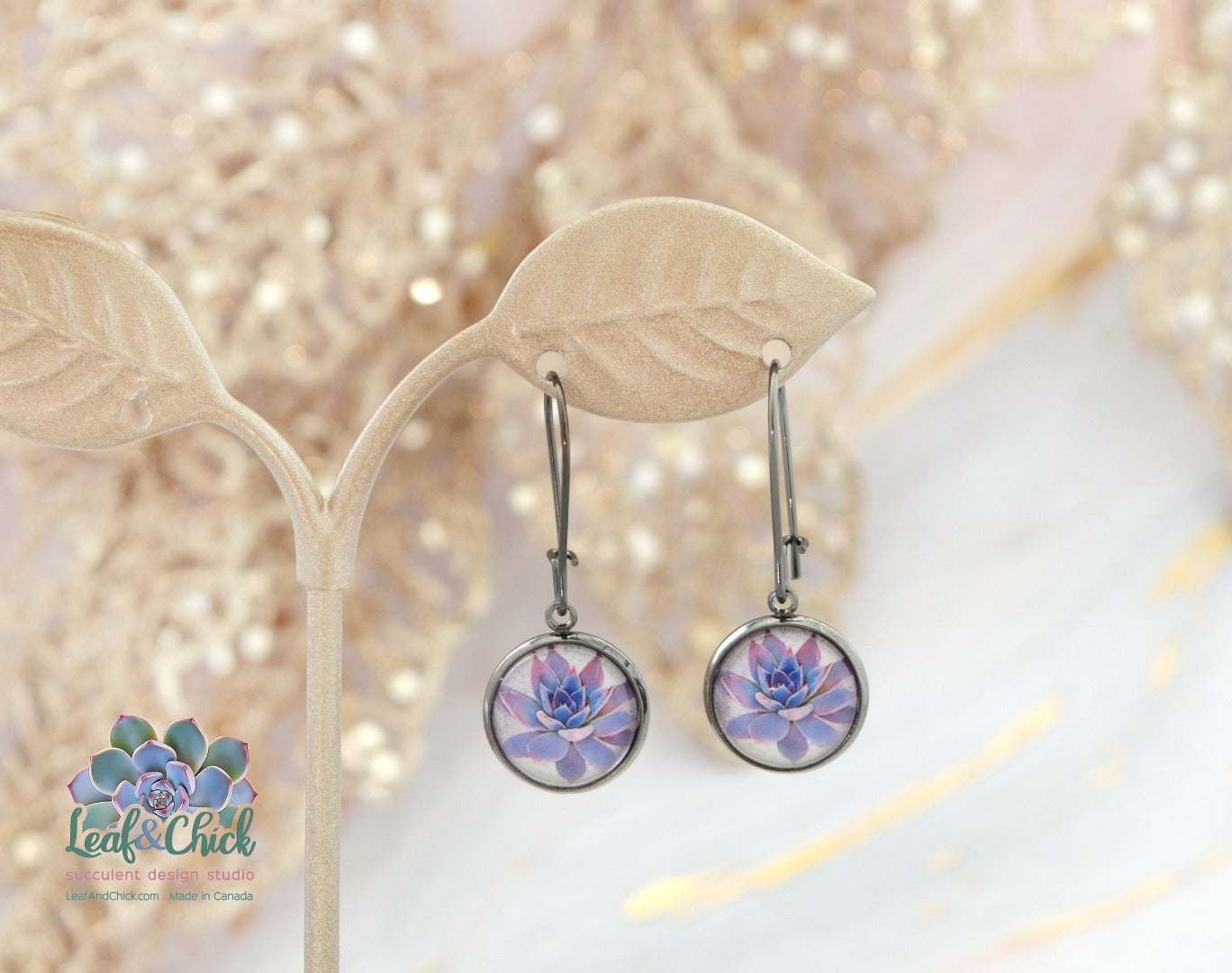 kidney hoop gunmetal earrings with purple succulent art