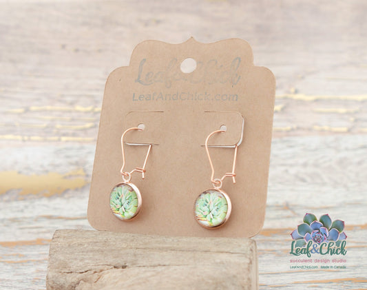 rose gold stainless steel dainty hoop earrings with green succulent art