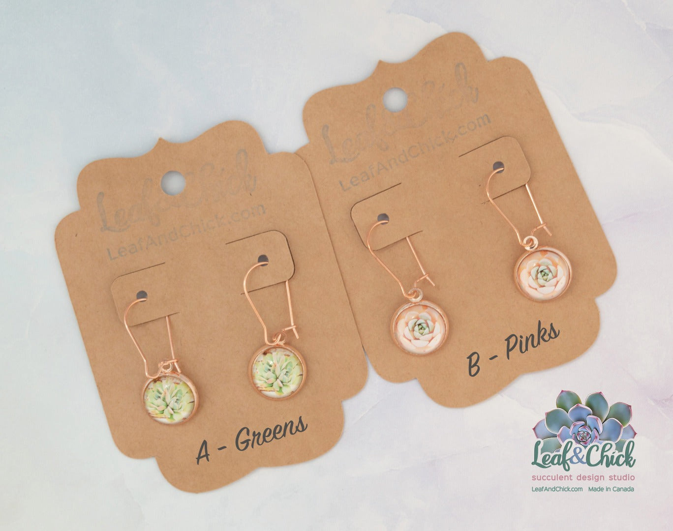two styles of rose gold succulent earrings labelled A- greens, B- pinks