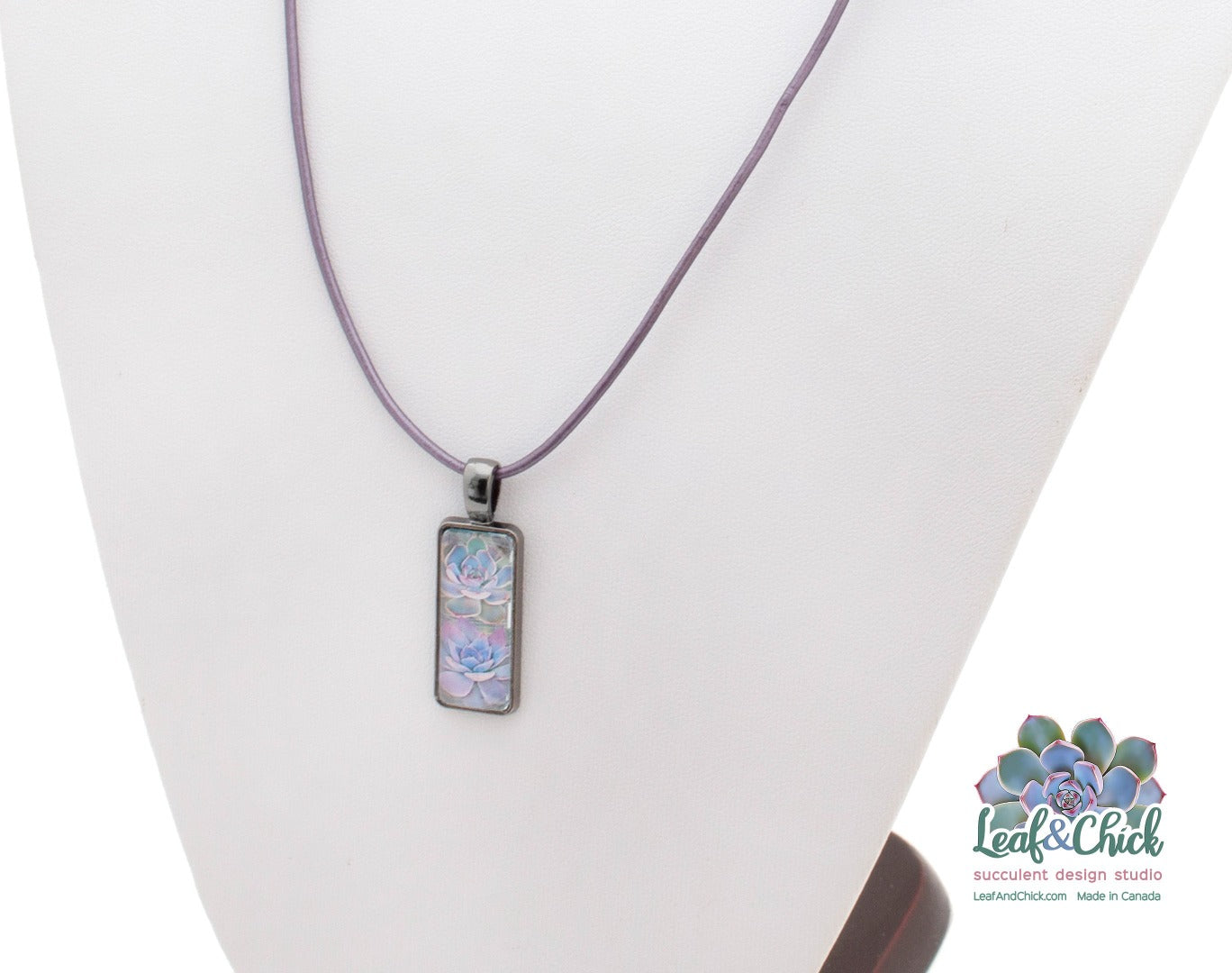 purple leather cord with rectangle succulent pendant