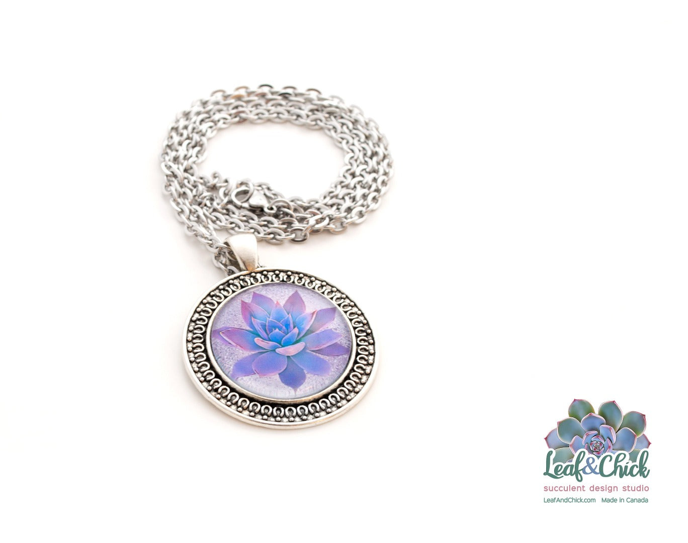 purple succulent art on a stainless steel chain