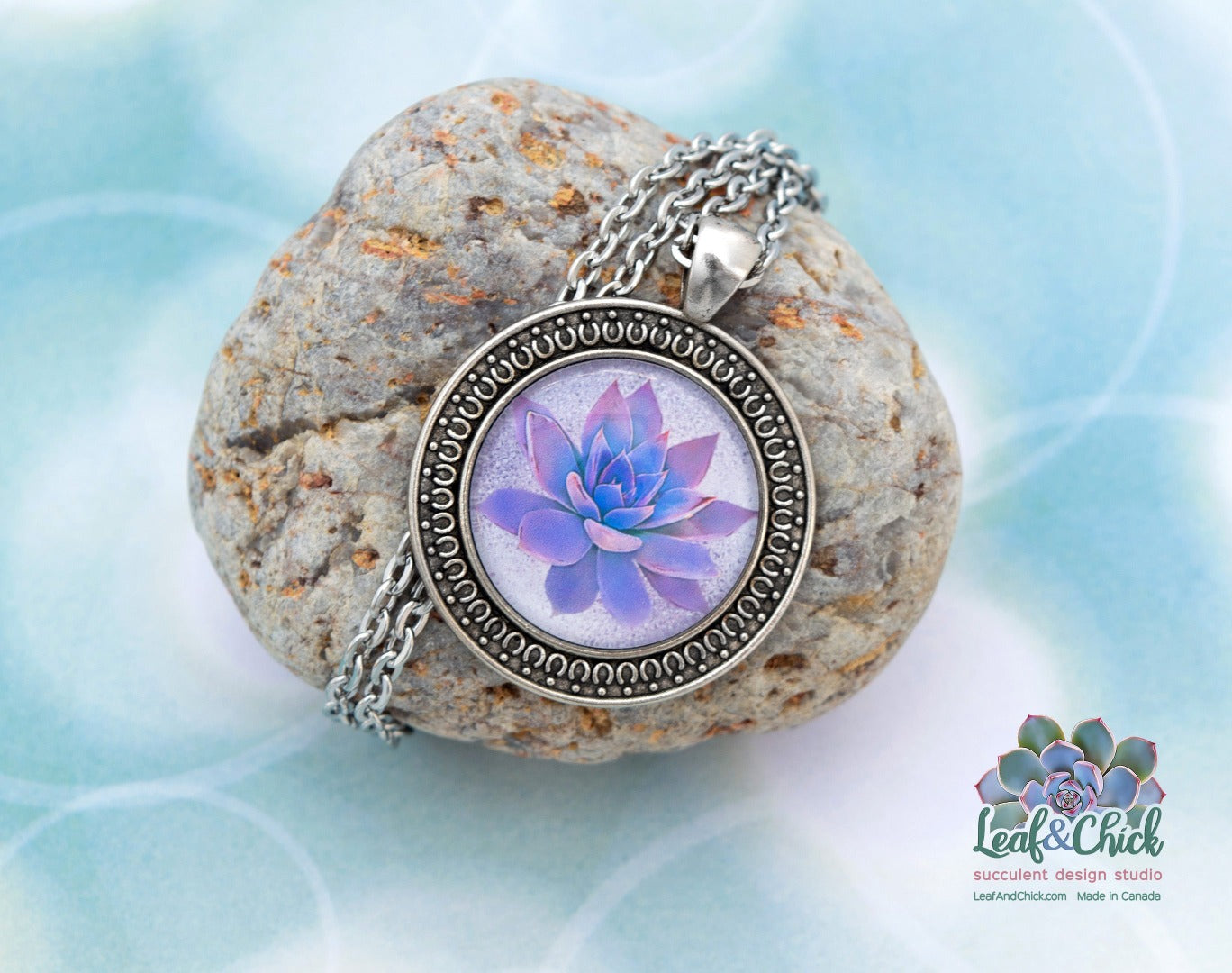 close up of purple Echeveria art necklace