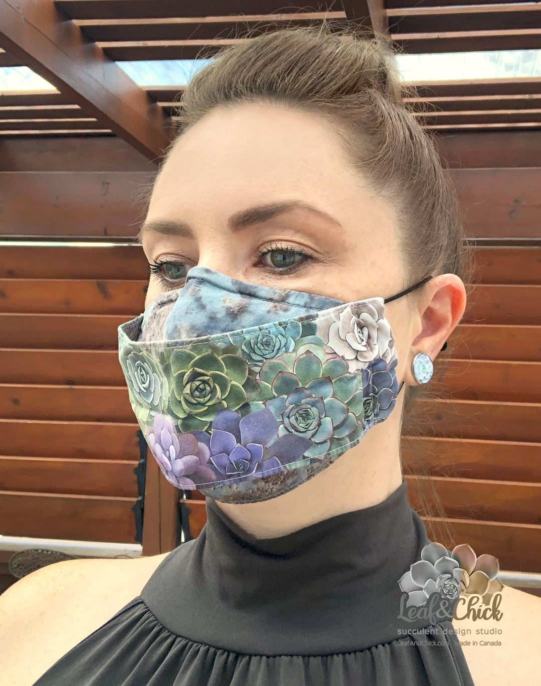 beautiful custom succulent fabric on a three layer face mask