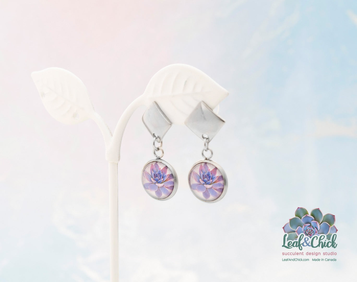 purple succulent art dangle earrings