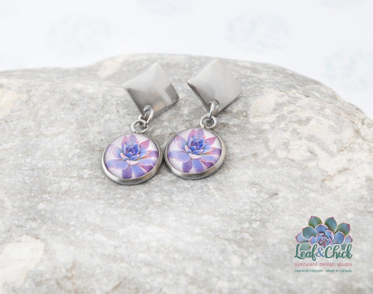purple Silver Queen succulent art earrings