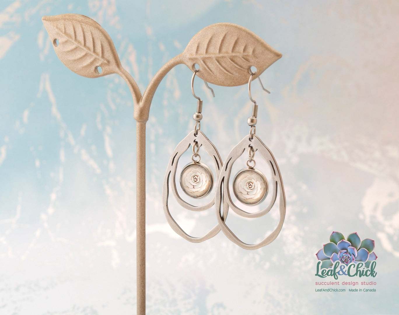 dangle succulent art earrings in a teardrop shape