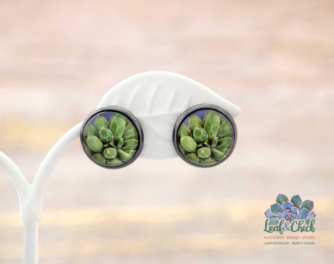 close up of stones art on succulent stud earrings