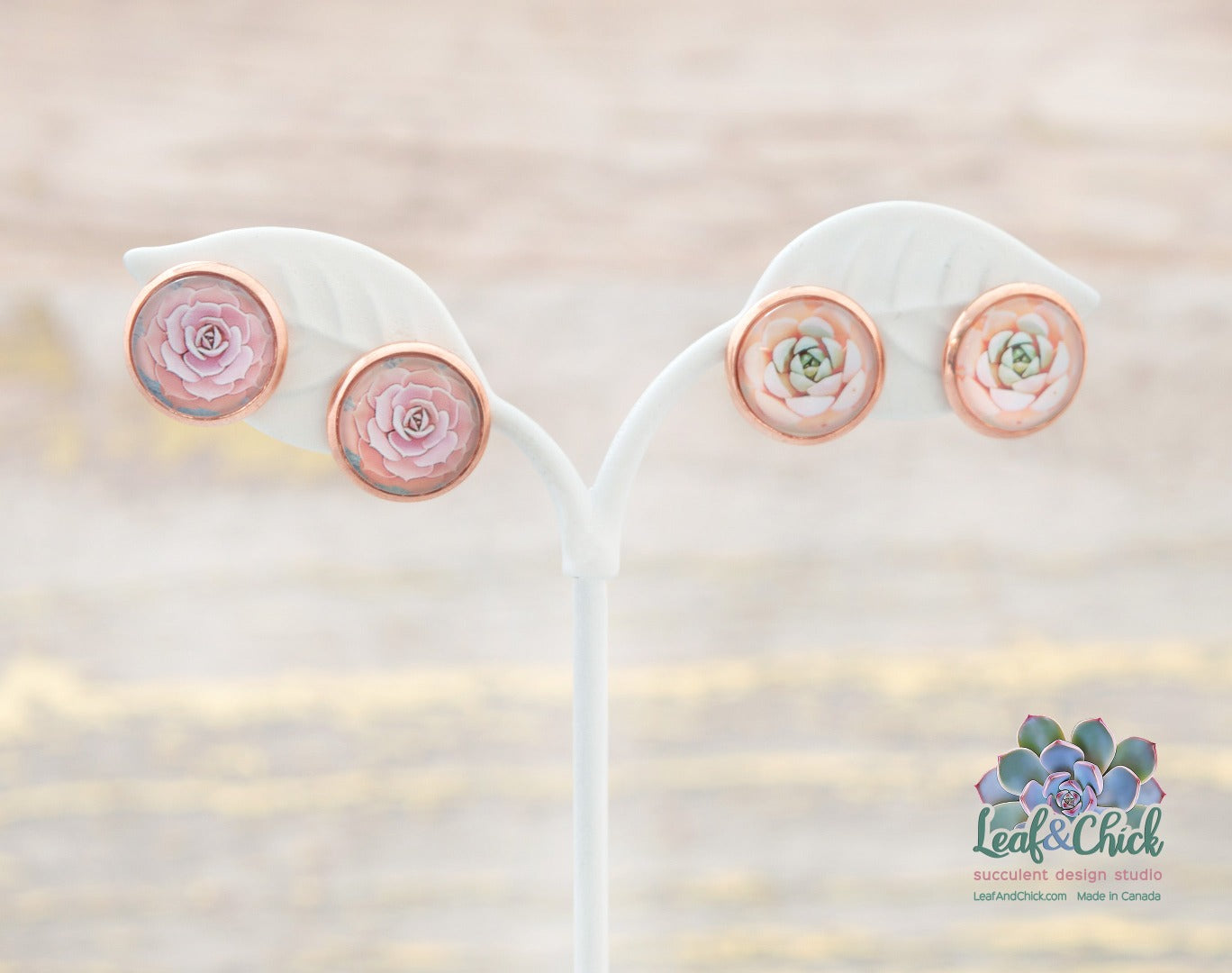 rose gold stainless steel studs with succulent art