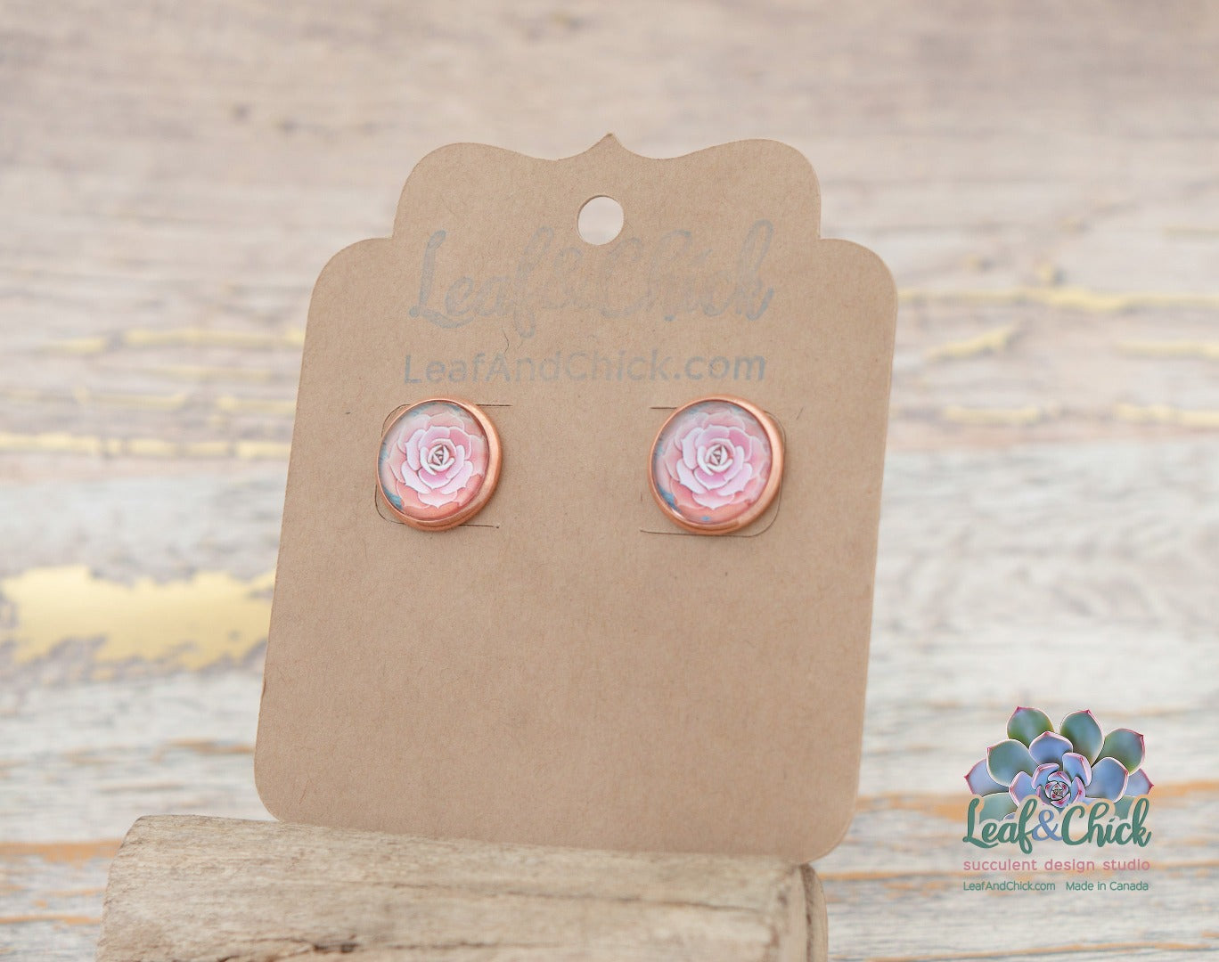 pink studs with succulent art